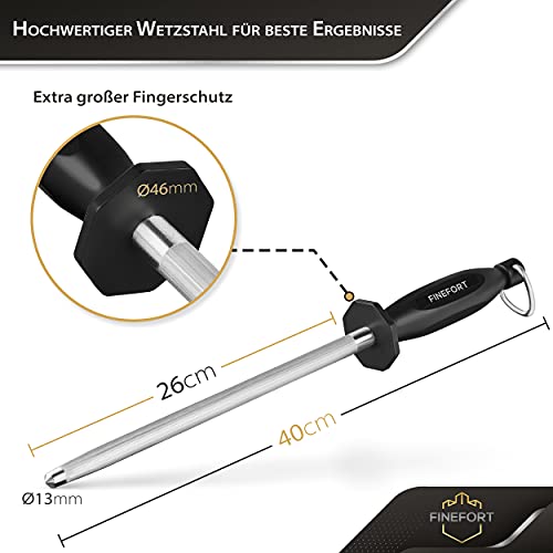 Foto von Finefort Wetzstahl für Messer - Premium Wetzstab inklusive Reinigungstuch und Tipps & Tricks - Messer Abzieher mit ergonomisch geformtem Griff (schwarz)