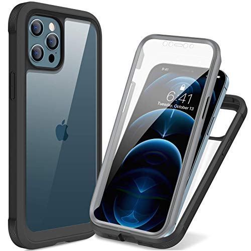 Image of miracase Designed for iPhone 12 Pro Max Case, Full Body Rugged Case with Built-in Touch Sensitive Anti-Scratch Screen Protector, Soft TPU Case Compatible with iPhone 12 Pro Max 6.7 inch, Black
