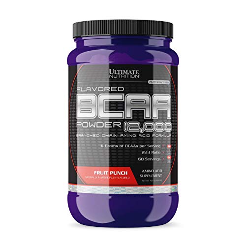 Ultimate Nutrition BCAA aromatisé en poudre 12000 Supplément d'acides aminés à chaîne ramifiée post-entraînement, sans caféine avec 3 g de leucine 1,5 g de valine 1,5 g d'isoleucine - Punch aux fruits, 60 portions Cover