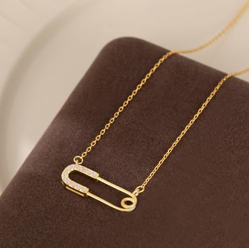 Reffeer Solid 925 Sterling Silver Safety Pin Choker Necklace for Women Teen Girls Paper Clip Pendant Necklace CZ Pin Necklace (B-Gold) by Reffeer - Image 4