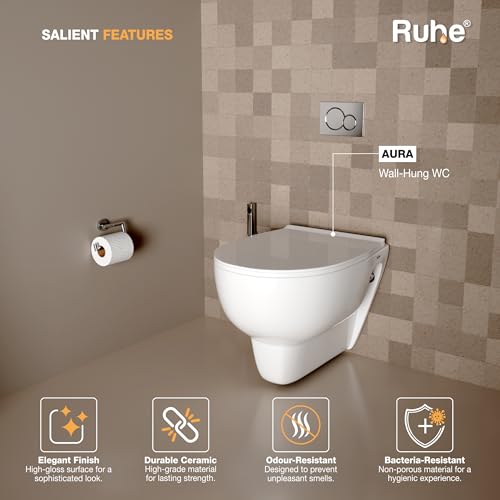 Image of Ruhe Aura Wall-Hung Rimless Western Commode with Washdown Flushing System | P-Trap | 19.6 x 13.5 x 14.5 inches | Ceramic White Glossy Finish, Space-Saving Design | Includes Soft-Close Seat Cover