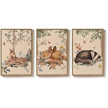 Framed Forest Animal Wall Art, 3 Piece Nature Whimsical Cottage Core Woodland Canvas Prints Pictures for Nursery Wall Decor, Neutral Deer Fox Artwork for Bedroom Kids Room Living Room Walls, 16x24 In