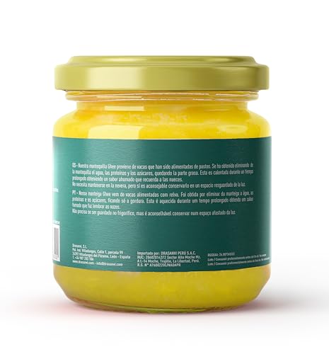 Miniatura 6 de Drasanvi Keto Mantequilla Ghee De Pasto Clarificada Bio Saludable Y De Fácil Digestión Rica En Vitaminas A, D, E Y K Ácido Linoleico Y Butirato 99,8 De Grasas Saturadas 300 G