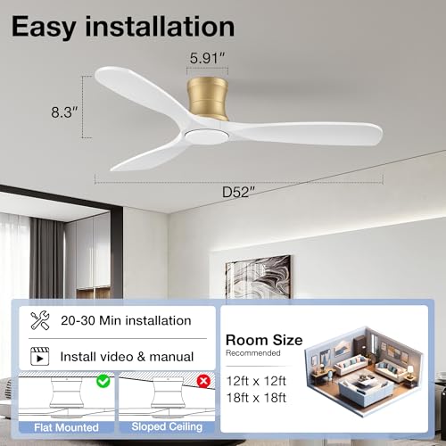 Image of 52 inch Low Profile Ceiling Fans with Lights Remote,Flush Mount,Wood,White Gold