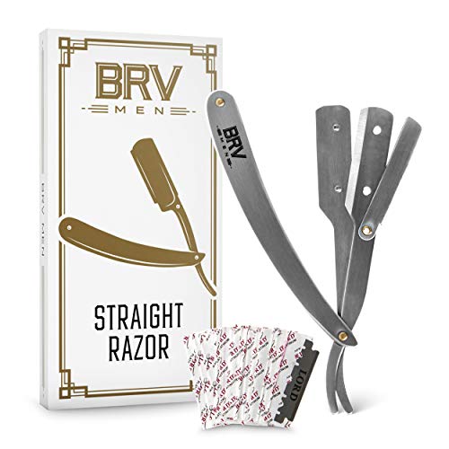 Brv Men Professional German Steel Straight Edge Barber Razor - 100 Lord Platinum Single Edge Razor Blades - 100% German Stainless Steel Shavette - Mens Shaving Knife - Silver #TOP3