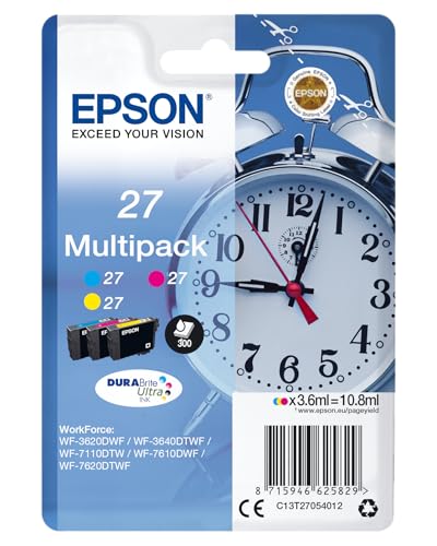 Epson Multipack 27 Réveil, Cartouches d'encre d'origine, 3 couleurs: Cyan, Magenta, Jaune, WF-3620DWF WF-3640DTWF WF-7110DTW WF-7210DTW WF-7710DWF WF-7715DWF WF-7720DTWF WF-7610DWF