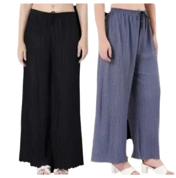 GIRLYZ Attire Women's Khajuri Design Pleated Palazzo Pants, High-Rise Elastic Waist with Drawstring, Soft Stretchable Fabric, Size- Small to XXL, Size-26 to 36 (Grey and Black)-picture-48
