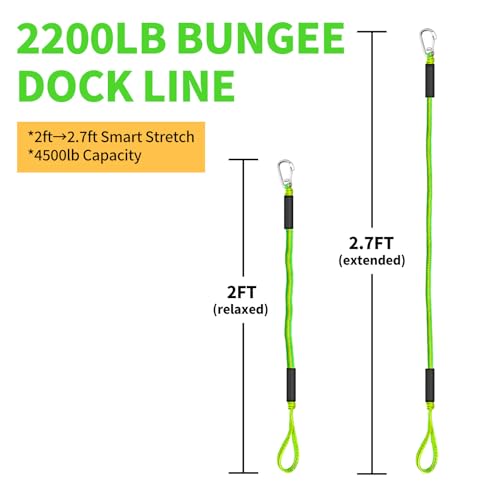 ZRSCHYG Bungee Dock Lines for Boats 2FT, Boat Tie Downs for Dock with Hooks, Elastic Dock Ties for Small Boat Jet Ski Kayak Mooring (2 Foot, 2-Pack, Green&Yellow) — view 5