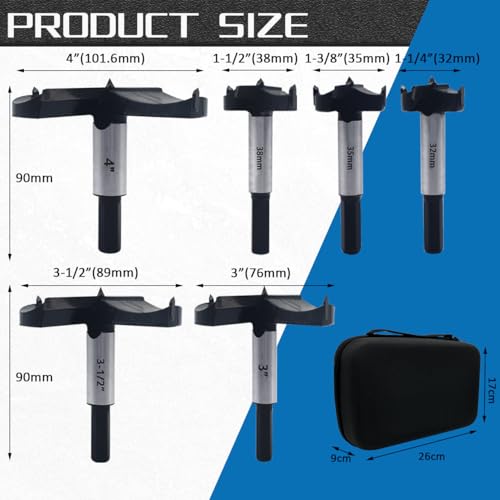 Large Size Forstner Bit Set 6PCS,1-1/4 Inch to 4 Inch Carbide Forstner Drill Bit,Hex Shank Wood Hole Saw Set Woodworking Hinge Cutter Tool Kits for Hard Wood Plastic Plywood with Storage Case by BeQell - Image 2