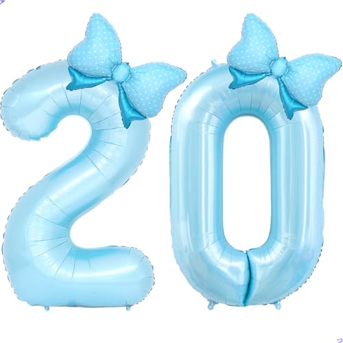 Image of Light Blue 20 Balloon Number Blue Coquette Birthday Decorations for Girls, Blue Bow Balloons Foil Mylar Large 40 inch 20 Balloon for Girls Bows Coquette 20th Birthday Party Decorations Supplies