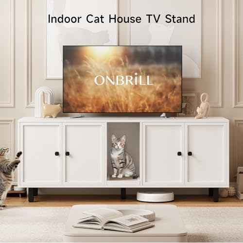 Image of ONBRILL 63 Inches Cat Litter Box Enclosure for 2 Cats, Hidden Litter Boxes Furniture with Cat Scratch Pad, Large Indoor Pet House with Double Room, Wooden TV Stand Side Table, Off White