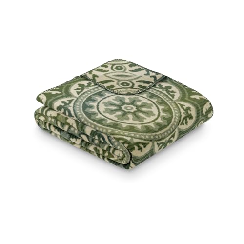 Ibena 1876 Exklusive Jubiläumsdecke 150x200 cm - Baumwollmischdecke weich, warm und waschbar, Kuscheldecke grün mit Ornamenten