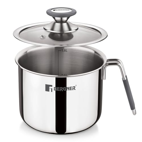Image of Bergner Argent Triply Stainless Steel 14cm (2 L) Milk Boiler with Glass Lid, Steam Vent, Flared Rim, Stay Cool Cast Handle with Silicone Grip, Even and Faster Heating, Easy to Clean - Induction Bottom