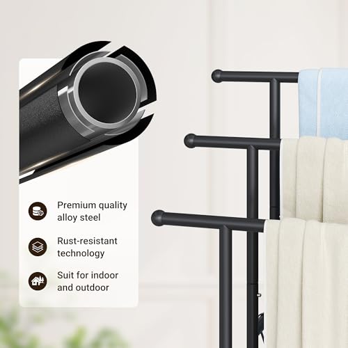 ELYKEN-3-Tier-Freestanding-Towel-Rack-with-Shelf-40-H-Towel-Stand-Black-Metal-Drying-Rack-for-Oversized-Bath-Towels-Blankets-4-Hooks-Indoor-Outdoor-Use-Fits-Bathroom-Tub-Shower-Poolside