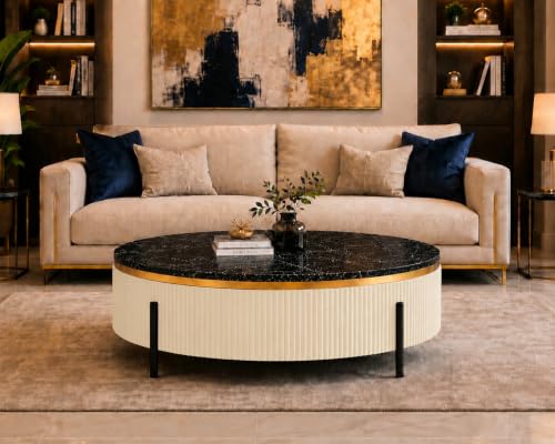Image of WOODEN SPACE Premium Luxury Nazaara Marble-Top Coffee Table with Iron Legs & PVD Coating | Modern Round Wooden Center Table for Living Room & Entryway