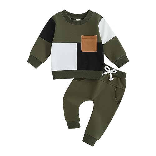 Image of WALLARENEAR Toddler Baby Boy 2Pcs Patchwork Clothes Long Sleeve Contrast Color Sweatshirt + Joggers Pants Fall Winter Outfits (Green, 6-12 Months)