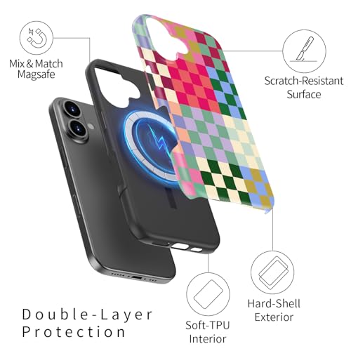 Image of Goodon for iPhone 16 Plus Case Cute - Wireless Charging Compatible - Dual-Layer Hard Shell + Silicone Cover - Protective Phone Case with Trendy Designs for Women - Patchwork Checkerboard
