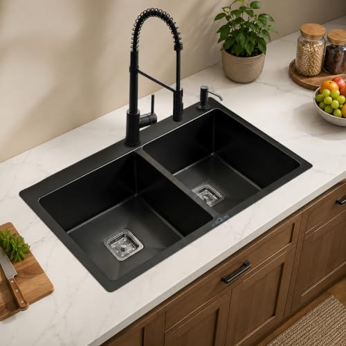 Image of ARQUIN Kitchen Sink 37x18x10 Inch Handmade Double Bowl Tap Hole Black Matt Finish Kitchen Sink Heavy Grade Stainless Steel Kitchen Sink For Kitchen Basin Square Drainer and Adjustable Fruit Basket