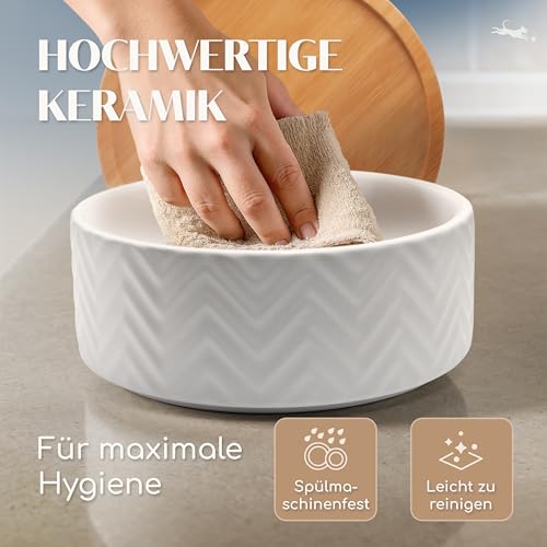 FREUDENTIER Hundenapf aus Keramik mit Bambus-Boden - 990ml - rutschfest & spülmaschinenfest - Moderner Futternapf/Fressnapf für Grosse Hunde & kleine Hunde - Napf Hund (Weiß, 1x)
