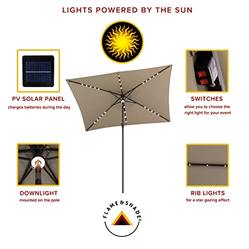Flame&Shade 6.5 X 10 Ft Rectangular Solar Powered Outdoor Market Patio Table Umbrella With Led Lights And Tilt, Taupe #TOP3