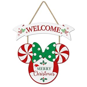 CIOEY Christmas Door Decor Mouse Welcome Door Sign, 2 Panels Wood Hanging Sign, Merry Christmas Decorations for Home Wall Christmas Party Supplies, Peppermint Decorative Home Porch Plaques