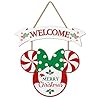 CIOEY Christmas Door Decor Mouse Welcome Door Sign 2 Panels Wood Hanging Sign Merry Christmas Decorations for Home Wall Christmas Party Supplies Peppermint Decorative Home Porch Plaques