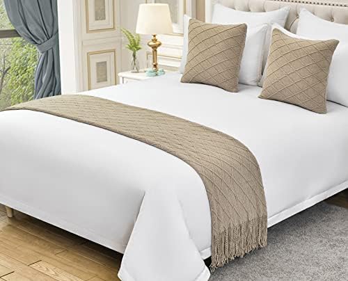 Tassel Solid Knitted Bed Runner Decorative Bed End Scarf Woven Sofa Throw Blanket 50" x 102", Beige
