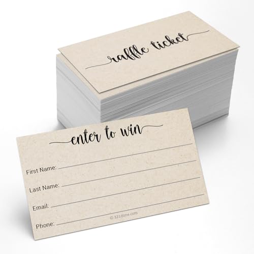 321Done Raffle Entry Form Cards, Made in USA - 3.5x2 Kraft Tan, Tickets for Contests, Drawings and Lotteries, Collect Name, Address, Phone, Email - Set of 100