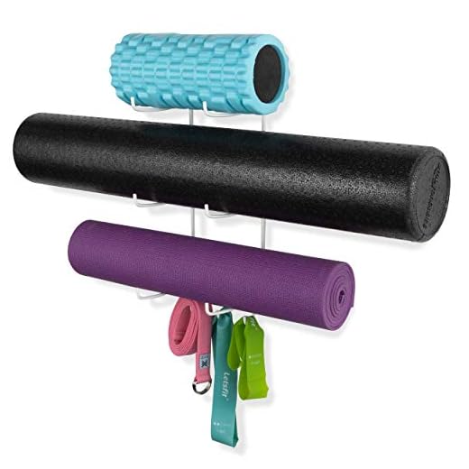 Wallniture Guru Wall Mount Yoga Mat Home Gym Equipment Resistance Bands and Foam Roller Holder with 3 Hooks 3 Sectional Metal White