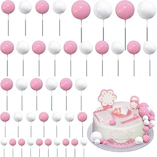 Jetec 66 Pieces Mini Balloon Cake Topper Foam Ball Cake Picks Cupcake Faux Pearl Balls DIY Cake Insert Topper Baking Decoration for Anniversary Graduation Birthday Party Baby Shower (Pink, White)