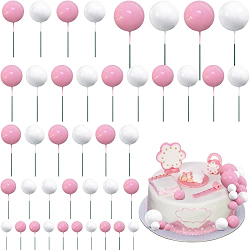 66 Pcs Ball Cake Topper Decorations Mini Balloon Sticks DIY Cake Picks Insert Foam Balls for Graduation Wedding Party Birthday Decorating Supplies(Pink, White)