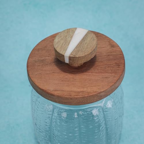 Image of Ireka Home Ripple Glass Jar with Wooden Lid | Multipurpose Stackable Glass Jar with Lid | Storage Container for Dry Fruits Grains Pulses Cereals Cookies
