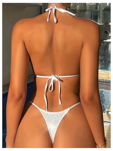 SOLY HUX Women's Metallic Bathing Suit Halter Micro Triangle Top Swimsuit String Thong Two Piece Bikini Sets2