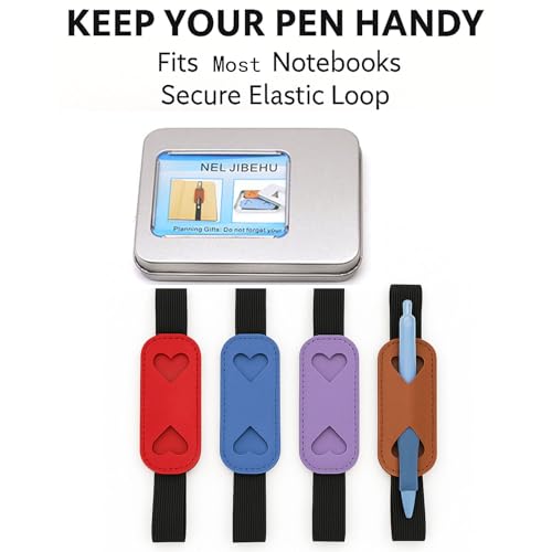 NELJIBEHU Pen Holder for Notebook,Journal, Planner,Adjustable Elastic Band PU Leather Design,Fits 8-11 Inch,4 Pack