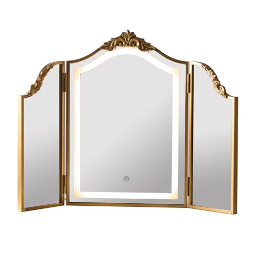 HSDDHOME Antique Gold Triple Fold Makeup Mirror with Tri-Color LED Lighting & Dimming, Baroque Carved Arch Vintage Vanity Mirror, Bohemian Decor for Bedroom/Dressing Room, 31x23 Inch