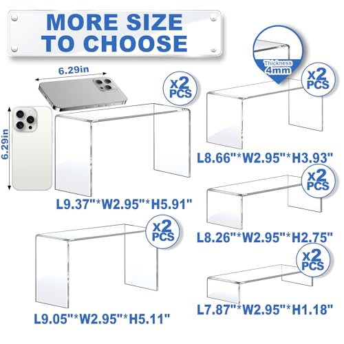 Aheroi Large Acrylic Risers, 10 Pcs 2 Set(7”L~8”L~9”L) Riser Display Shelf, Clear Rectangular Display Stands Set, Transparent Shelves for Decor, Showcase Holder for Cupcake