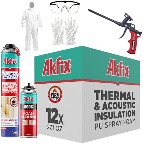 Akfix Thermcoat 耐火スプレーフォーム断熱キット 240平方フィート (12x27.1オンス) - (R-Value 11.32/2インチ) クローズドセル拡張ワイドシーラント断熱材 壁や屋根裏部屋用 - ガン&クリーナー付属
