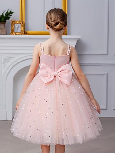 Pearls Sparkle Tulle Flower Girl Dress for Wedding Spaghetti Strap Sleeveless Bow Knot Short Satin Party Tutu Dress4