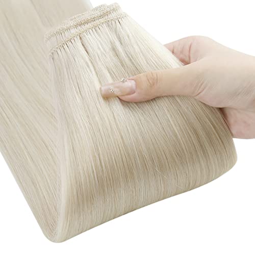 Ugeat 20Inch Blonde Weft Hair Extensions Human Hair White Blonde Sew In Hair Extensions Real Human Hair Double Weft Remy Human Hair Extensions Long Straight Weave Real Human Hair 105G #TOP6