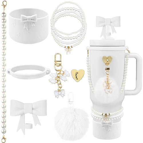 Hpebl 11PCS White of Stanley Cup Accessories 30/40 OZ Water Bottle Tumbler Accessories Set Pearl Bow Charms for Stanley Decorations Including Bow Straw Topper, Pom Pom Keychain, Silicone Tumbler Boot
