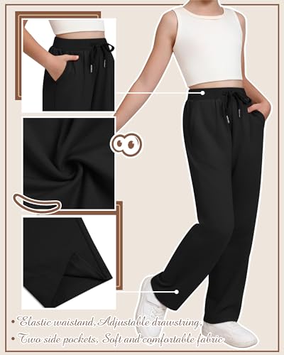 3 Pack Girls Sweatpants Straight Leg Ribbed Waist Active Joggers Teens Athletic Pants with Drawstring and Pockets4
