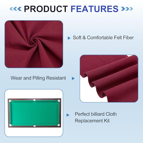 YELARXI Billiard Cloth Pool Table Felt, 8ft with 6 Cloth Strips Thickened Fit for Home Clubs Bars Indoor Sports Games (1Set, Red)