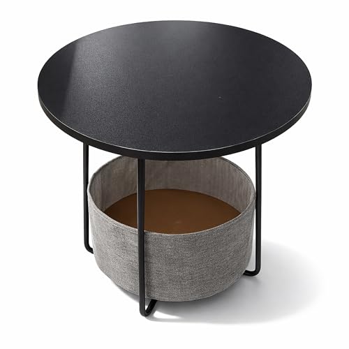 50% DESCUENTO Relaxdays Mesa Auxiliar Redonda con Cesta de Tela, MDF y Metal, 50 x 45 cm, Negro Gris — oferta en Amazon