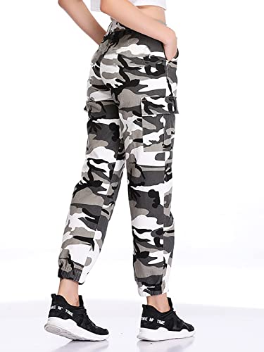 Zodlls Women's Camo Pants Cargo Trousers Cool Camouflage Pants Elastic Waist Casual Multi Jogger Pants With Pocket Gray-M #TOP3