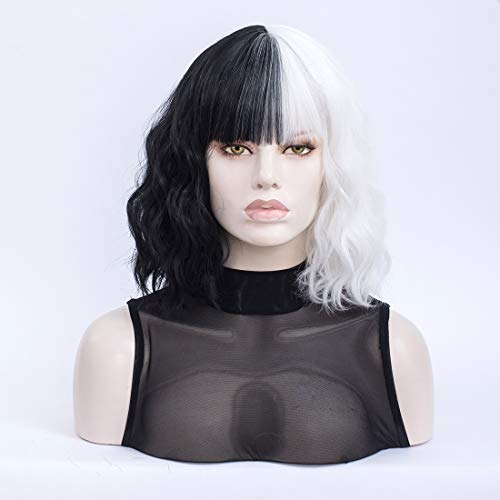 Morticia Short Curly Women Bob Wig Full Bang Wavy Texure Heat Resistant Synthetic Short Women Wig (White and Black) - Image 4