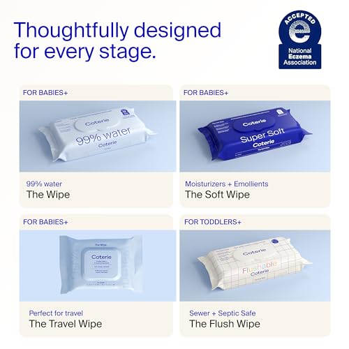 Image of Coterie Baby Wipes for Sensitive Skin, Plant-Based and Plastic-Free Fibers, 99% Water, Hypoallergenic, pH Balanced, Unscented, Clean and Gentle Baby Essentials, 4 Standard Packs & 8 Travel Size Packs