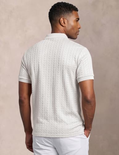 Image of JMIERR Men's Cable Knit Polo Shirts Elasticity Short Sleeve | Men's cable knit polo shirt with elasticity, machine wash, short sleeve, breathable textured knit for spring summer