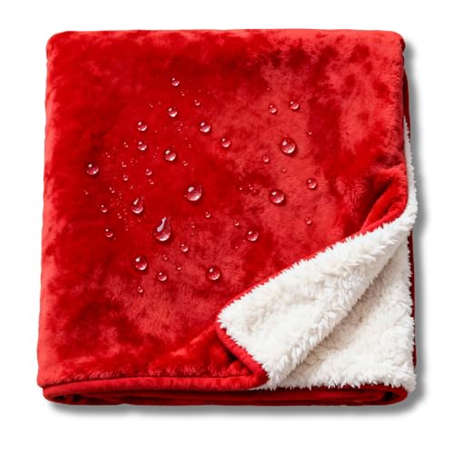 CREW FLX Waterproof Blanket for Bed Queen Size (80'x60') – Holiday-Ready Reversible Sherpa Throw with Leakproof TPU Layer – Stain-Resistant, Washable Bed Protector with Carry Bag – Red