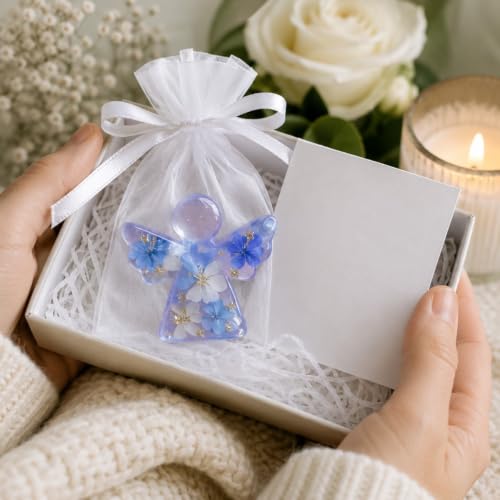 Pocket Hug Angel Ornament with Inspirational Poem Card - Clear Resin Pressed Flower Guardian Angel Token - Sympathy Bereavement Keepsake Gift with Organza Bag