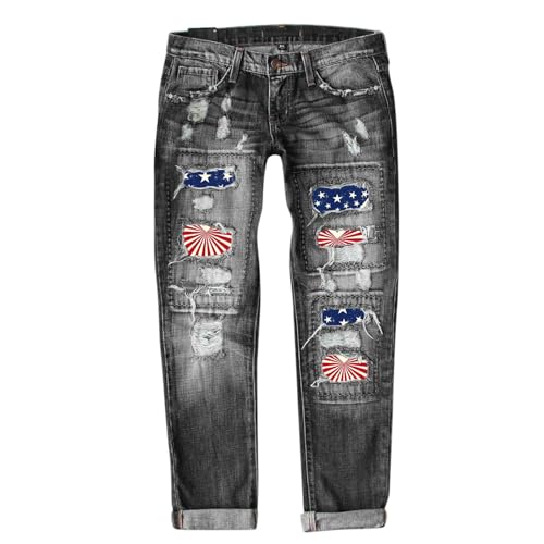 Image of Women's Distressed Black Skinny Jeans, Womens Boyfriend Jeans Stretchy Ripped Distressed American Flag Print Denim Pants Straight Leg High Waisted Cut Out Jean Trousers Rolled Cuff Trendy Bottoms